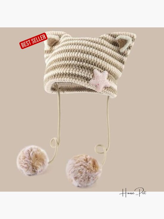 Kawaii Cat Ear Beanie Hat with Star Pom Poms Y2K Cute Crochet Goth Knit Slouchy main image 4